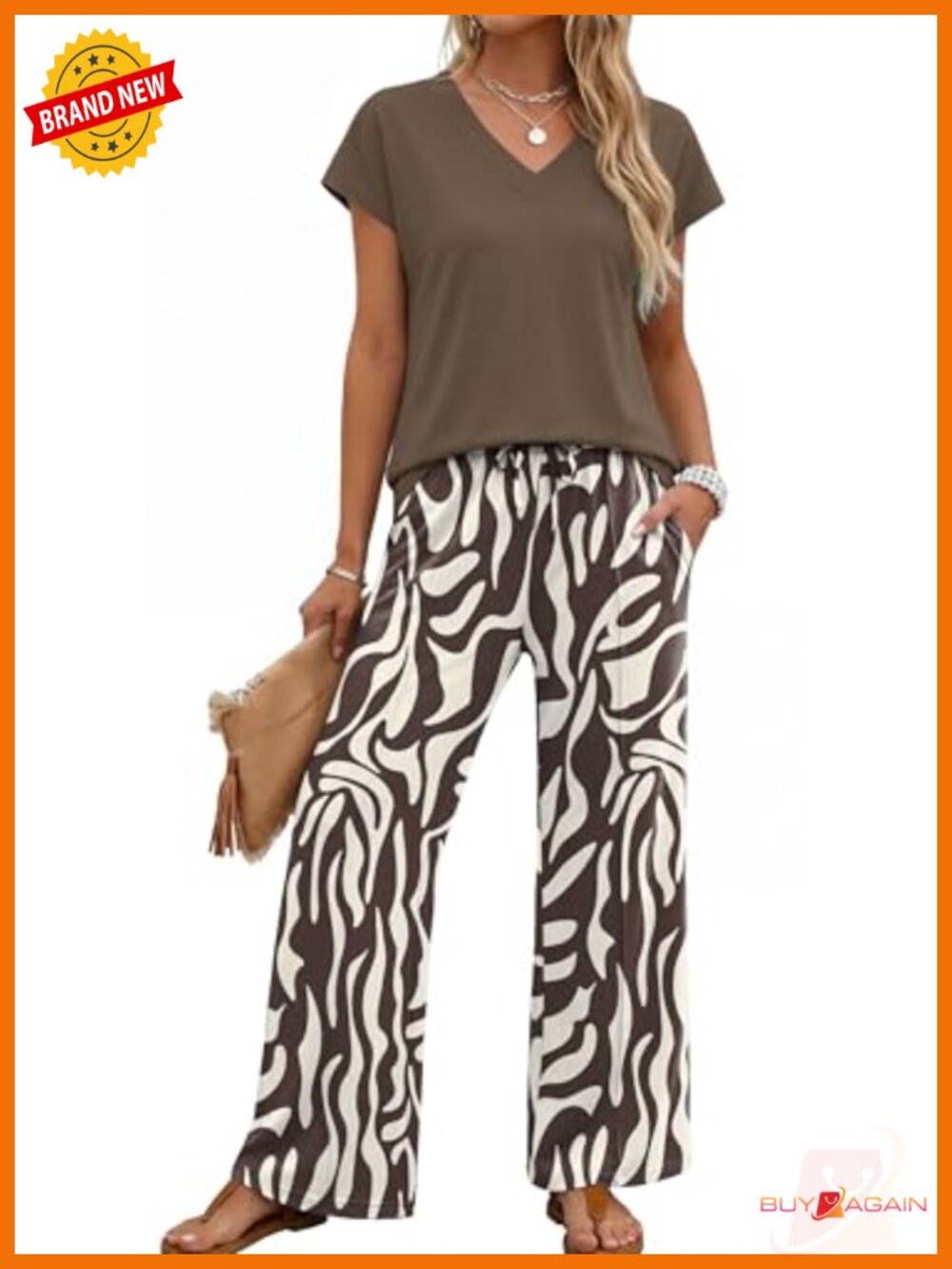 Women's 2 Piece Wide Leg Pant Set Printed V Neck Cap Sleeve Travel Outfit